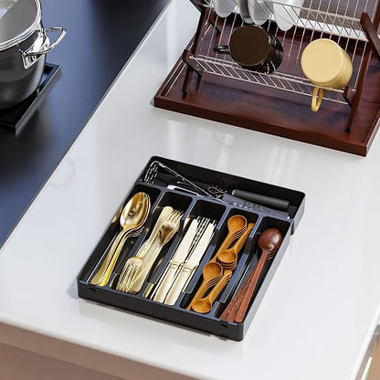Silverware Organizer for Kitchen Drawers,BPA Free Cutlery Drawer Organizer,6 Slots Plastic Utensils Organizer Suitable as In-Drawer Silverware Holder and Tray,Flatware,Knife,Fork,Spoon Organizer,Black