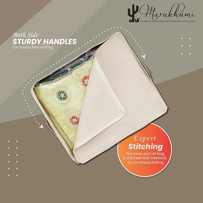 Cotton Canvas Clothes Storage Bags, Saree Covers with Zip for Storage Specially Design for Woman Dresses, Sarees, Lehengas for Wardrobe Organizer (17 x 14 x 7 Inch, off white, Pack 0f 3)