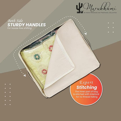 Cotton Canvas Clothes Storage Bags, Saree Covers with Zip for Storage Specially Design for Woman Dresses, Sarees, Lehengas for Wardrobe Organizer (17 x 14 x 7 Inch, off white, Pack 0f 3)