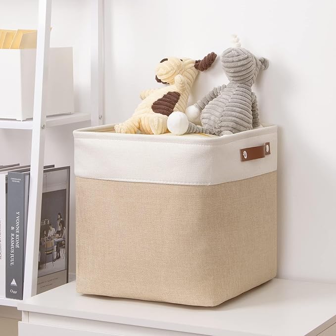 DULLEMELO Cube Storage Bin 13x13,Collapsible Fabric Storage Cube for Organizing,Cubby Storage Basket for Shelves,Closet,Laundry,Nursery,Toys,Clothes (White&Khaki)