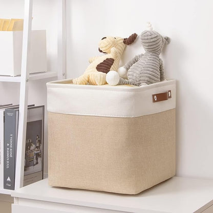 DULLEMELO Cube Storage Bin 13x13,Collapsible Fabric Storage Cube for Organizing,Cubby Storage Basket for Shelves,Closet,Laundry,Nursery,Toys,Clothes (White&Khaki)