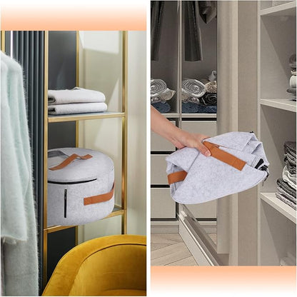 Pehciroe Round Hat Storage Box, Portable Felt Travel Hat Boxes for Women & Men with Translucent Dustproof Lid and Shoulder Strap for Various Types of Hats/Clothes & Toy Storage/Closet Organizer, Grey