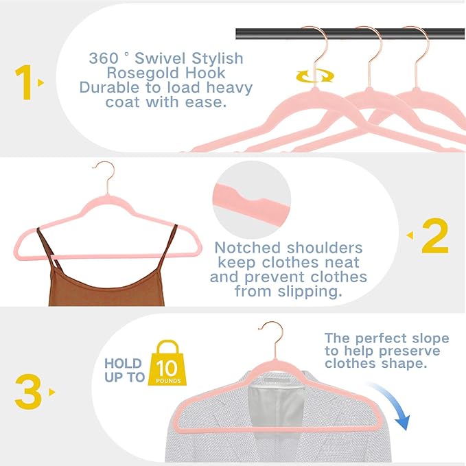Premium Velvet Hangers Blush Pink- Rose Gold Swivel Hooks -Non Slip Sturdy Suit Hangers- Felt Hangers-Space Saving Clothes Hangers 50 Pack for Skirts Coats(Blush Pink/Rose, 50 Pack)