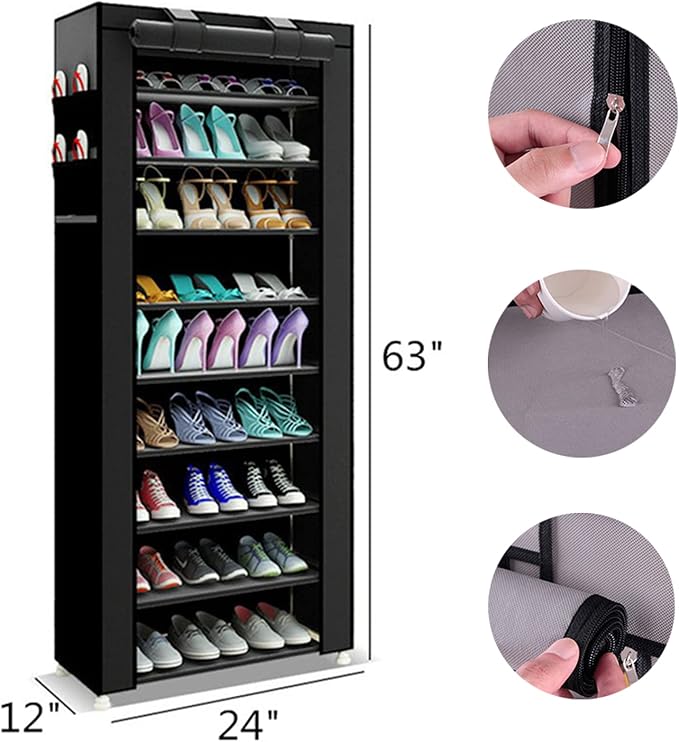PENGKE 9-Tier Shoe Storage Organizer with Dustproof Cover - Closet Cabinet Shelf Holds up to 27 Pairs - for Doorway, Corridor, Balcony, Living Room - Black