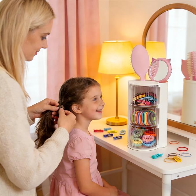 Hair Accessories Organizer with Hair Brush Holder, Rotatable Makeup Brush Holder for Necklaces, Earring, Bracelet, Ring, Makeup Brushes, Hair Clip and Hair Accessories (Stripe White, 3-Layer)