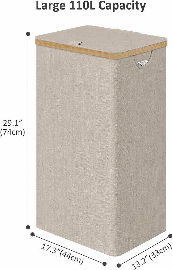 IEGrow Laundry Basket with Lid, Large Laundry Hamper with Handle and Lid, Collapsible Clothes Basket Organizer with Removable Inner Bag for Clothes Towels (Oatmeal, 110L)