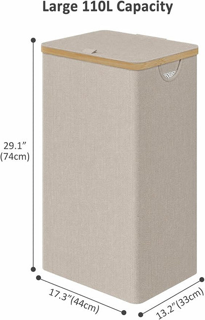 IEGrow Laundry Basket with Lid, Large Laundry Hamper with Handle and Lid, Collapsible Clothes Basket Organizer with Removable Inner Bag for Clothes Towels (Oatmeal, 110L)