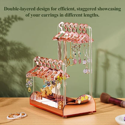 NiHome Acrylic Earring Holder with Unique Double-Tiered Design, Cute Miniature Clothing Hangers with Spacious Storage for 48 Pairs, Display for Home Vanity & Retail Showrooms (Rose Gold, With Tray)