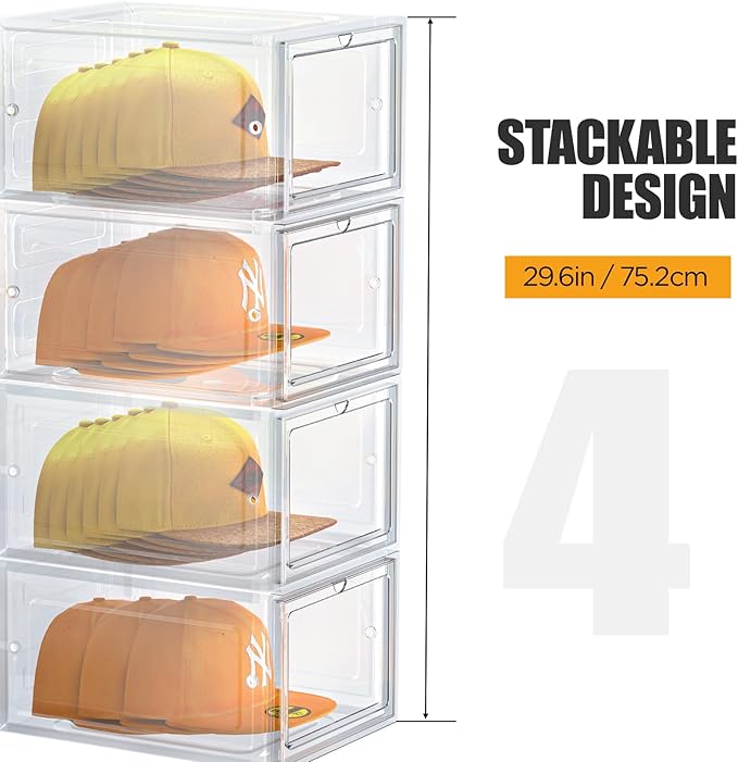 SCAVATA Hat Organizer Box, Stackable Clear Baseball Caps Holder Box Containers with Magnetic Door for Hats Snapback Cap Storag, Hat Rack Display Case, Holds 8 Hats Each (Clear, 4 Pack)