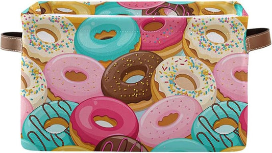 Donuts Storage Basket Bin, Large Cube Storage Box Canvas Collapsible Storage Organizer for Home Office Closet - 15 L x 11 W x 9.5 H