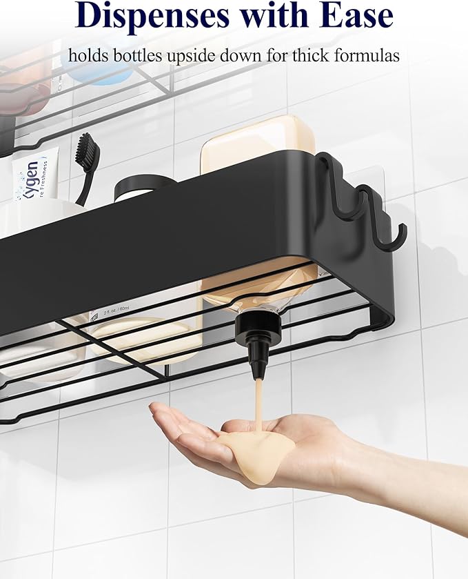 Kitsure Shower Caddy Adhesive - 6-Pack, No-Drilling Shower Shelves with Soap Holder, Toothbrush Holde, 6 Hooks, Rustproof & Stylish Bathroom Organizers and Storage Solution, Black, Large