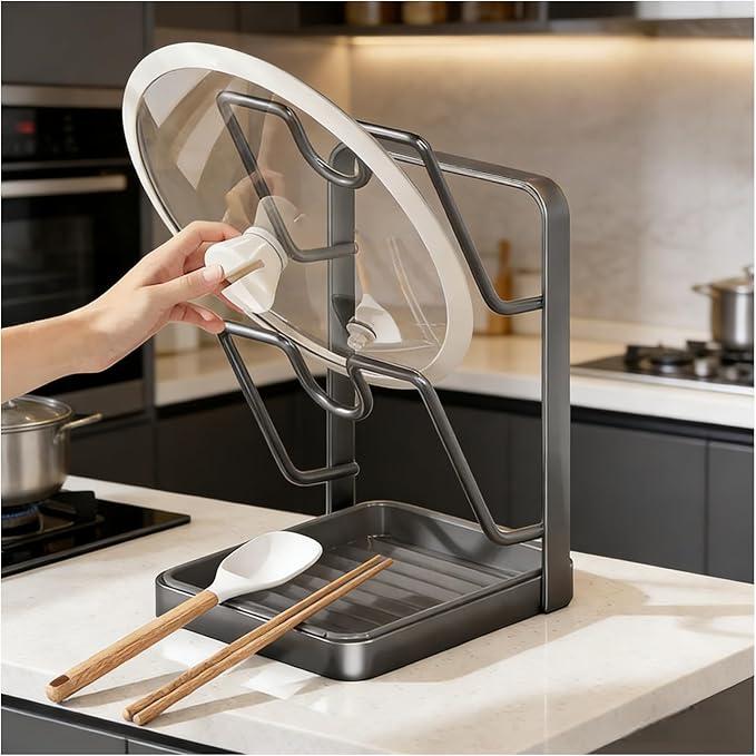 Kitchen Pot Lid Storage Rack, Double Layer Pot Lid Holder Organizer Rack & Holders While Cooking, Multifunctional Pot Lid Organizer with Removable Drip Tray for Countertop