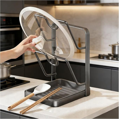 Kitchen Pot Lid Storage Rack, Double Layer Pot Lid Holder Organizer Rack & Holders While Cooking, Multifunctional Pot Lid Organizer with Removable Drip Tray for Countertop