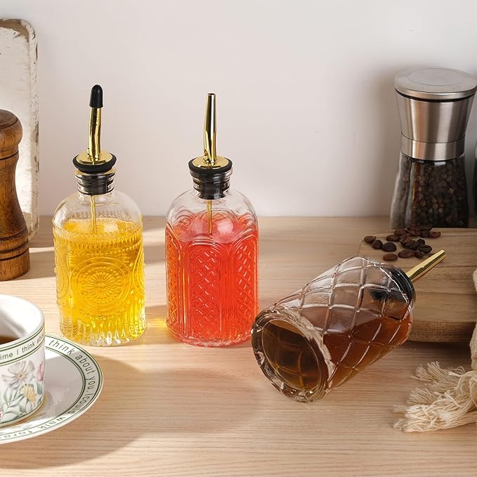 WHJY 3 Pack Small Syrup Dispenser Simple Syrup Container with Pour Spout Glass Syrup Bottles with Refilling and Cleaning Tool Set Floral Pattern Coffee Syrup Dispenser with Label Tags