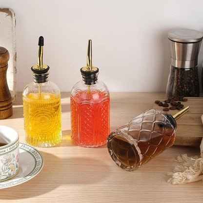 WHJY 3 Pack Small Syrup Dispenser Simple Syrup Container with Pour Spout Glass Syrup Bottles with Refilling and Cleaning Tool Set Floral Pattern Coffee Syrup Dispenser with Label Tags