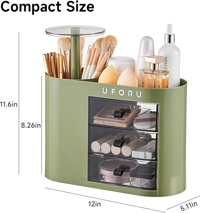 UFORU Makeup Organizer with Pop-Up Brush Holder for Dresser Vanity, Plastic Bathroom Counter Organizer with 3 Drawers & Dust-Proof Cover, Cosmetic Display Case for Lipstick, Skincare, Vintage Green