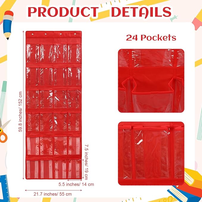 24 Pocket Classroom Reading Buddies Storage Organizer over The Door Hanging Small Stuffed Animal Holder with Card Blank Name Tags Classroom Pocket Chart for Preschool Kindergarten Reading Corner