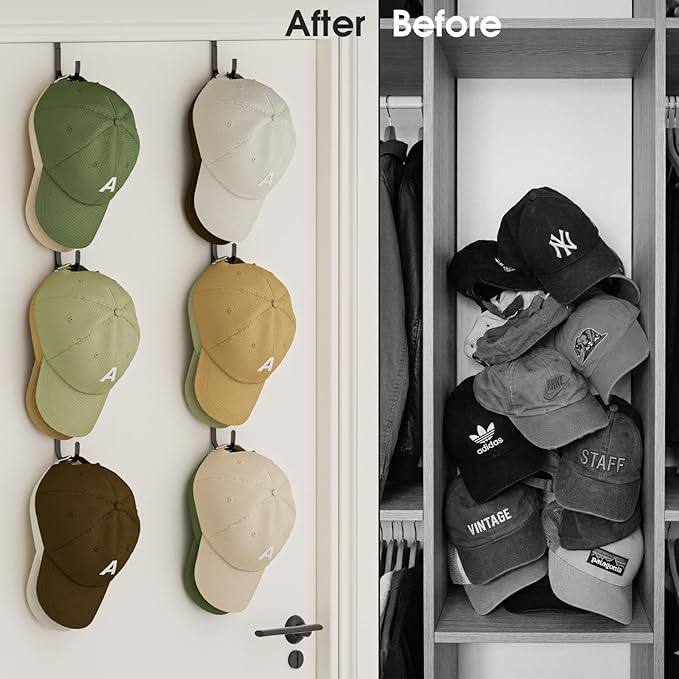 Over Door Hat Organizer,2 Pack Hat Rack with 6 Hooks and 4 Anti-Shake Adhesive Pads,Baseball Hat Organizer Holds Up to 30 Hats, Hat Storage for Door, Bedroom,Closet (Black)