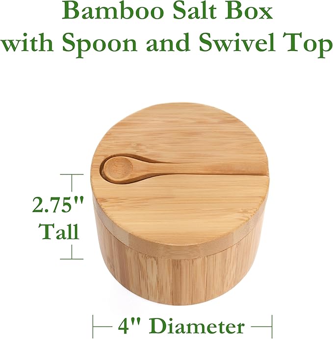 Lipper International Bamboo Wood Salt and Spice Box with Spoon and Swivel Cover, 4" Diameter x 2.75" Tall