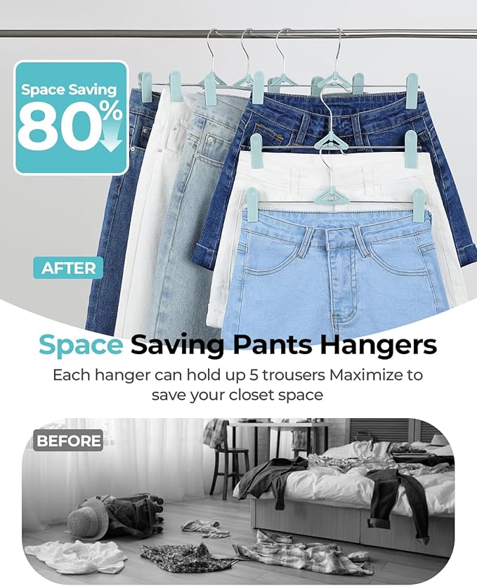 Pants Hangers with Clips 30 Pack, Stackable Space-Saving Skirt Hangers with Adjustable Non-Slip Clips, 360° Swivel Hook, Closet Organizer for Pants, Shorts, Jeans, Blue