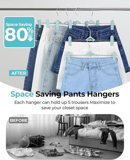 Pants Hangers with Clips 30 Pack, Stackable Space-Saving Skirt Hangers with Adjustable Non-Slip Clips, 360° Swivel Hook, Closet Organizer for Pants, Shorts, Jeans, Blue