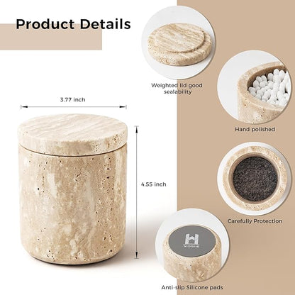 Travertine Qtip Holder Dispenser with Lid for Cotton Swabs,Balls,Pads,Floss Picks Large Capacity Marble Apothecary Jar for Bathroom Essentials Decor, Vanity Makeup Storage Organizer Beige(WH050)