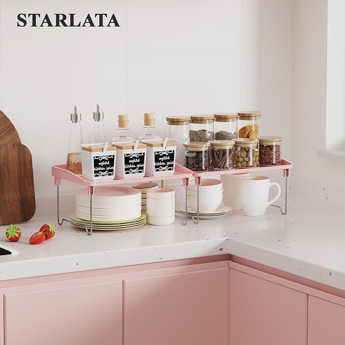 STARLATTA 2 Pcs Cabinet Organizer Shelf，Stackable Kitchen Counter Shelves, Spice Rack,Countertop Organizers，Pink Plastic Storage Shelves Rack for Makeup，Bathroom, Cupboard，Desk，Pantry Organization