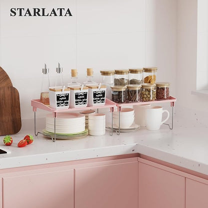 STARLATTA 2 Pcs Cabinet Organizer Shelf，Stackable Kitchen Counter Shelves, Spice Rack,Countertop Organizers，Pink Plastic Storage Shelves Rack for Makeup，Bathroom, Cupboard，Desk，Pantry Organization