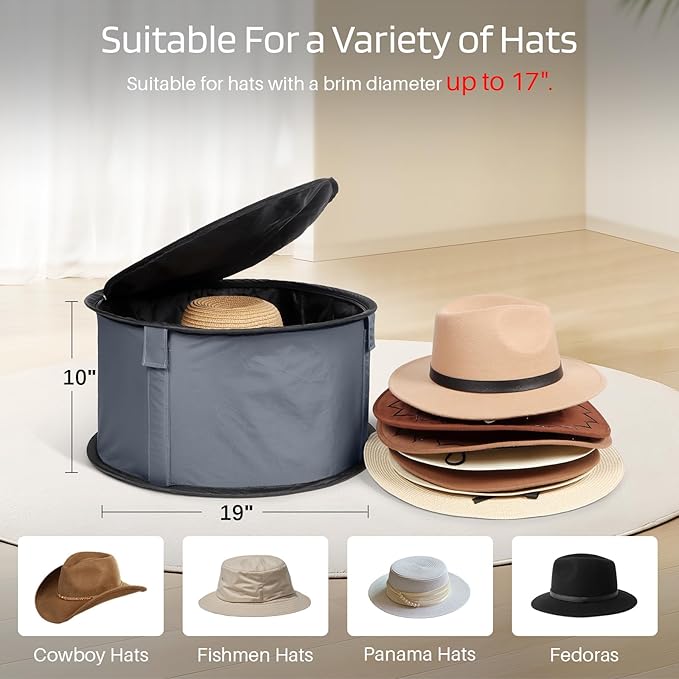 WOMACO Hat Box for Storage, Stackable Hat Storage Case for Cowboy Hat, Round Brim Hat Organizer Bag for Closet (Gray, Large)