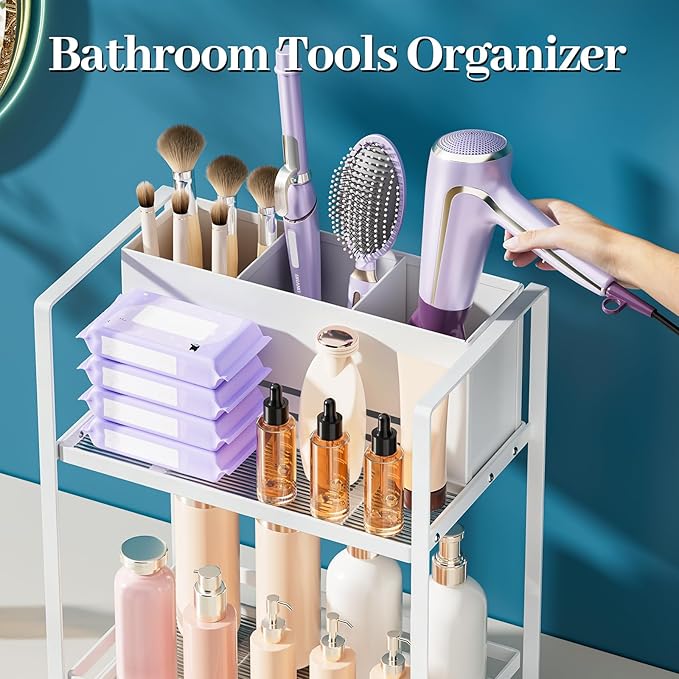 SanDream Hair Tool Organizer Bathroom Countertop, 2-Tier Metal Bathroom Organizer with Blow Dryer Holder, Large Capacity Space-Saving Vanity Shelf for Perfume, Skincare & Makeup Storage (White)