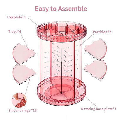 V-HANVER 360 Rotating Makeup Organizer Perfume Organizer Pink Cosmetic Storage Display Case Large Capacity Acrylic Beauty Holder Adjustable Partition Height for Bedroom Dresser or Bathroom Vanity