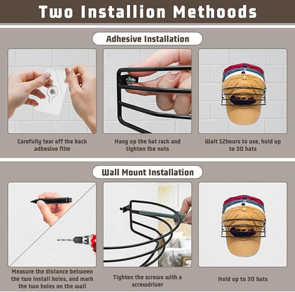 Fikoksol Hat Organizer for Baseball Caps, 2-Pack Black Metal Hat Rack for Wall Door, Adhesive/Wall Mounted Hat Storage Holder Small Closet Organizers and Storage Solution Ideas
