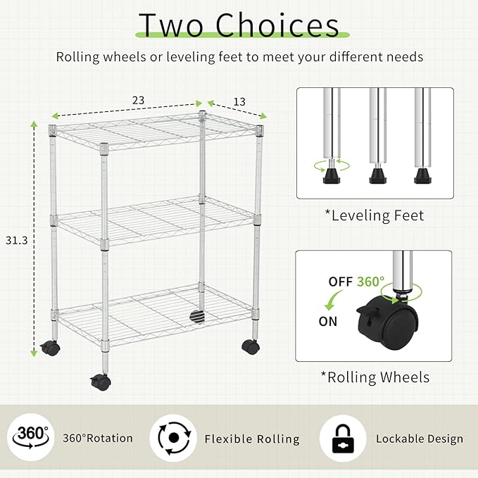 Wire Shelving 32" H x 23W x 13D Storage Shelf with Wheels Adjustable 3 Tier Metal Shelves Unit for Small Places Kitchen Storage Rack Shelf Organizer, 450Lbs Capacity, Chrome