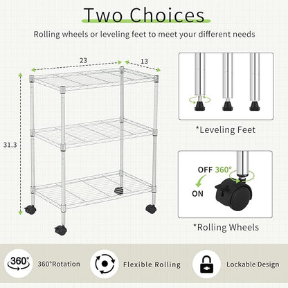 Wire Shelving 32" H x 23W x 13D Storage Shelf with Wheels Adjustable 3 Tier Metal Shelves Unit for Small Places Kitchen Storage Rack Shelf Organizer, 450Lbs Capacity, Chrome