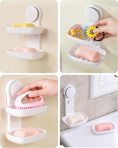 PEISAINOX Bar Soap Holder for Shower Wall, Adhesive Soap Dish NO-Drilling for Shower Bathroom Bathtub Kitchen, Wall Mount Double Tiers Drainage Soap Box Keep Soap Bars Dry (2 Tiers)