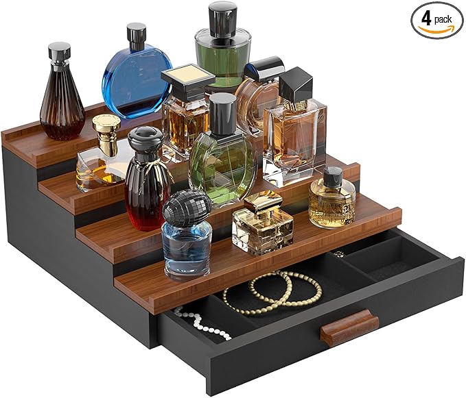 Perfume Cologne Organizer for Men: 4 Tier Wooden Perfumes Stand, Desktop Parfum Holder Wood Display Shelf with Cabinet, Bedroom Dresser Makeup Lotion Jewelry Storage Rack with Drawer
