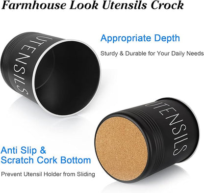 Kitchen Utensil Holder, 6.7" Utensil Holder for Kitchen Counter, Cooking Utensil Crock with Cork Bottom, Modern Farmhouse Decor, Countertop Utensil Storage Organizer Caddy, Black