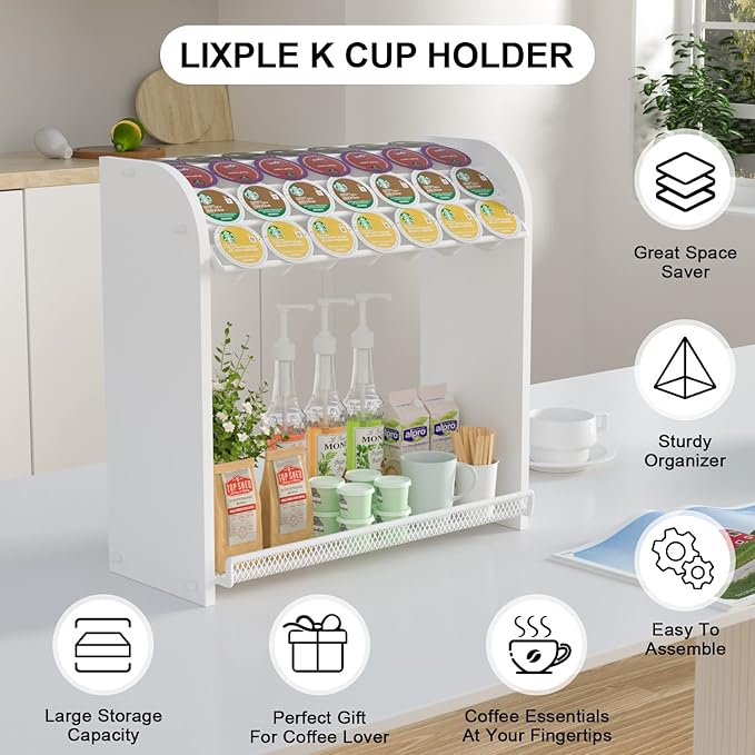 Lixple Coffee Pod Organizer for Countertop, Bamboo K Cup Holder, Easy Assembly Coffee Station Organizer for Home Office Coffee Bar, White