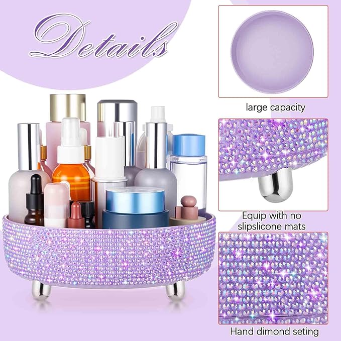 Honeydak Purple Bling Perfume Makeup Organizer Bling Mother's Day Nurse Day Gifts for Women Bathroom Organizers and Storage 360 Rotating Makeup Organizer for Countertop(Resin Stone)