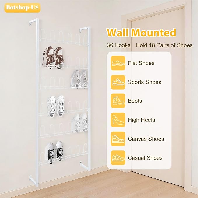Gdrasuya10 6 Tier Wall Mounted Metal Shoe Rack, 70" Tall 18 Pairs Hanging Shoe Organizer for Entryway & Closet, Space Saving Door Shoe Storage Hanger for Sneakers, Boots (White)