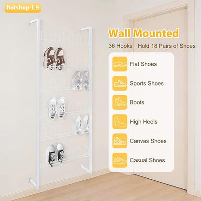 Gdrasuya10 6 Tier Wall Mounted Metal Shoe Rack, 70" Tall 18 Pairs Hanging Shoe Organizer for Entryway & Closet, Space Saving Door Shoe Storage Hanger for Sneakers, Boots (White)