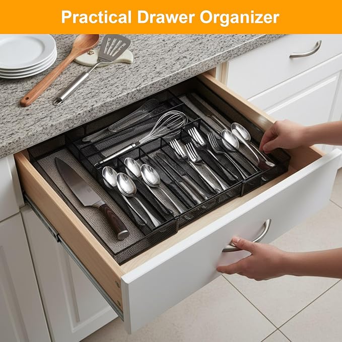 2 Pcs Utensil Drawer Silverware Organizer, Metal Mesh Expandable 13" ~24" Kitchen Drawer Organizer, 7-9 Slots Cutlery Tray Dividers for Kitchen Flatware Christmas Housewarming Gift (Black)