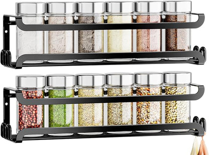 LUCYCAZ 2 Pack Wall Mounted Spice Rack with 8 Hooks, Spice Organizer Shelf for Stove Cabinet Pantry Door,Screw or Adhesive Spice Shelf Hanging Wall Spice Rack in Kitchen and RV (Black, 2 PACK)