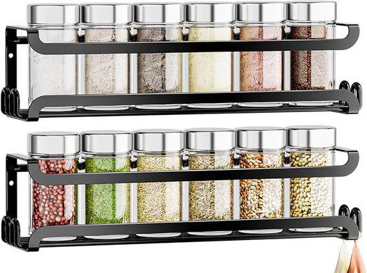 LUCYCAZ 2 Pack Wall Mounted Spice Rack with 8 Hooks, Spice Organizer Shelf for Stove Cabinet Pantry Door,Screw or Adhesive Spice Shelf Hanging Wall Spice Rack in Kitchen and RV (Black, 2 PACK)