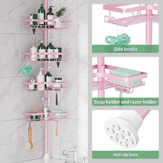 DAOYA Corner Shower Caddy Tension Pole - Pink - Rustproof Adjustable Bathroom Organizer Shelf for Shampoo, 25–114.2 Inch Shower Rack for Renters, Apartments