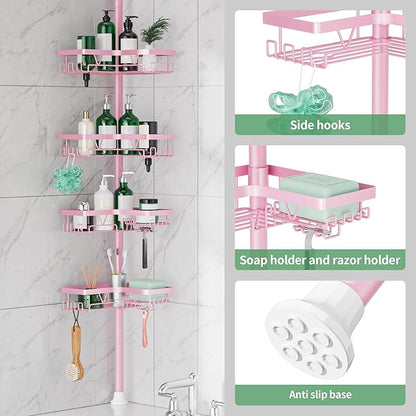 DAOYA Corner Shower Caddy Tension Pole - Pink - Rustproof Adjustable Bathroom Organizer Shelf for Shampoo, 25–114.2 Inch Shower Rack for Renters, Apartments