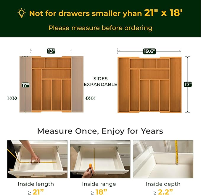 keechee 6-Piece Bamboo Drawer Organizer Set, 2.2" Deep Multi-Use Organizers for Utensils, Silverware, Cutlery, Desk, Bathroom, Junk Drawer & Makeup, Non-Slip Feet Included.