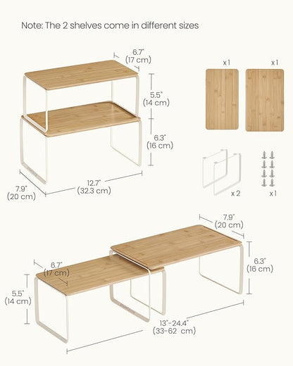 SONGMICS HOME Cabinet Organizer Shelf, Set of 2 Kitchen Counter Shelves, Kitchen Storage, Spice Rack, Stackable, Expandable, Metal and Bamboo, Light Bamboo UKCS050N01