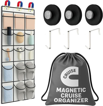 Cruise Magnetic Door Organizer with Hooks, 15 Large Pockets, Strong Anti-Scratch Magnets, Over-the-Door Hanging Storage for Cruise Cabin Essentials, Space Saving Cruise Door Organizer