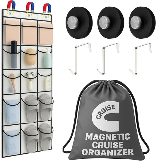 Cruise Magnetic Door Organizer with Hooks, 15 Large Pockets, Strong Anti-Scratch Magnets, Over-the-Door Hanging Storage for Cruise Cabin Essentials, Space Saving Cruise Door Organizer